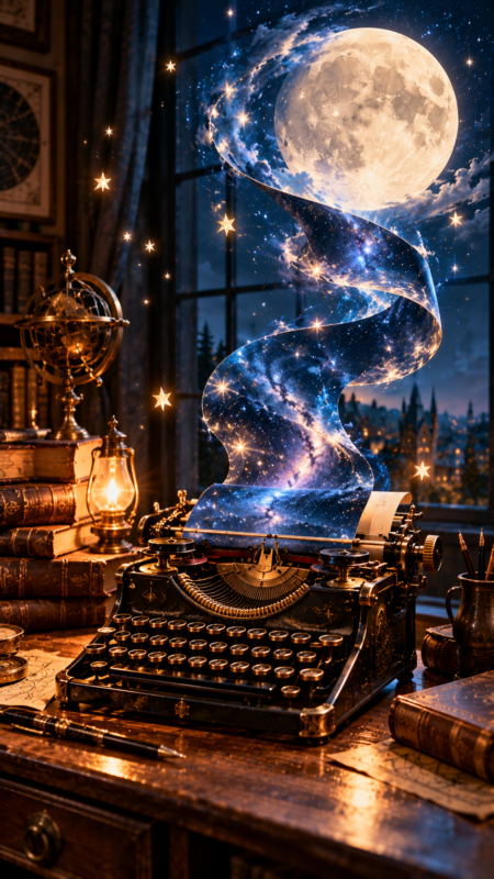 An antique typewriter on a wooden desk projecting a glowing spiral of stars and galaxy toward a large full moon outside a window at night