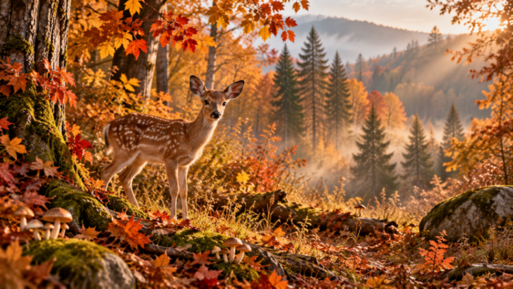 A young deer standing on a moss-covered forest floor with colorful autumn leaves and trees during golden hour